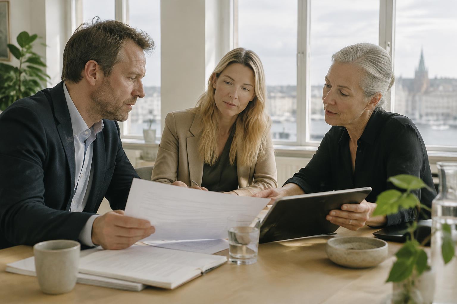 Leadership reviewing documents and discussing AI oversight