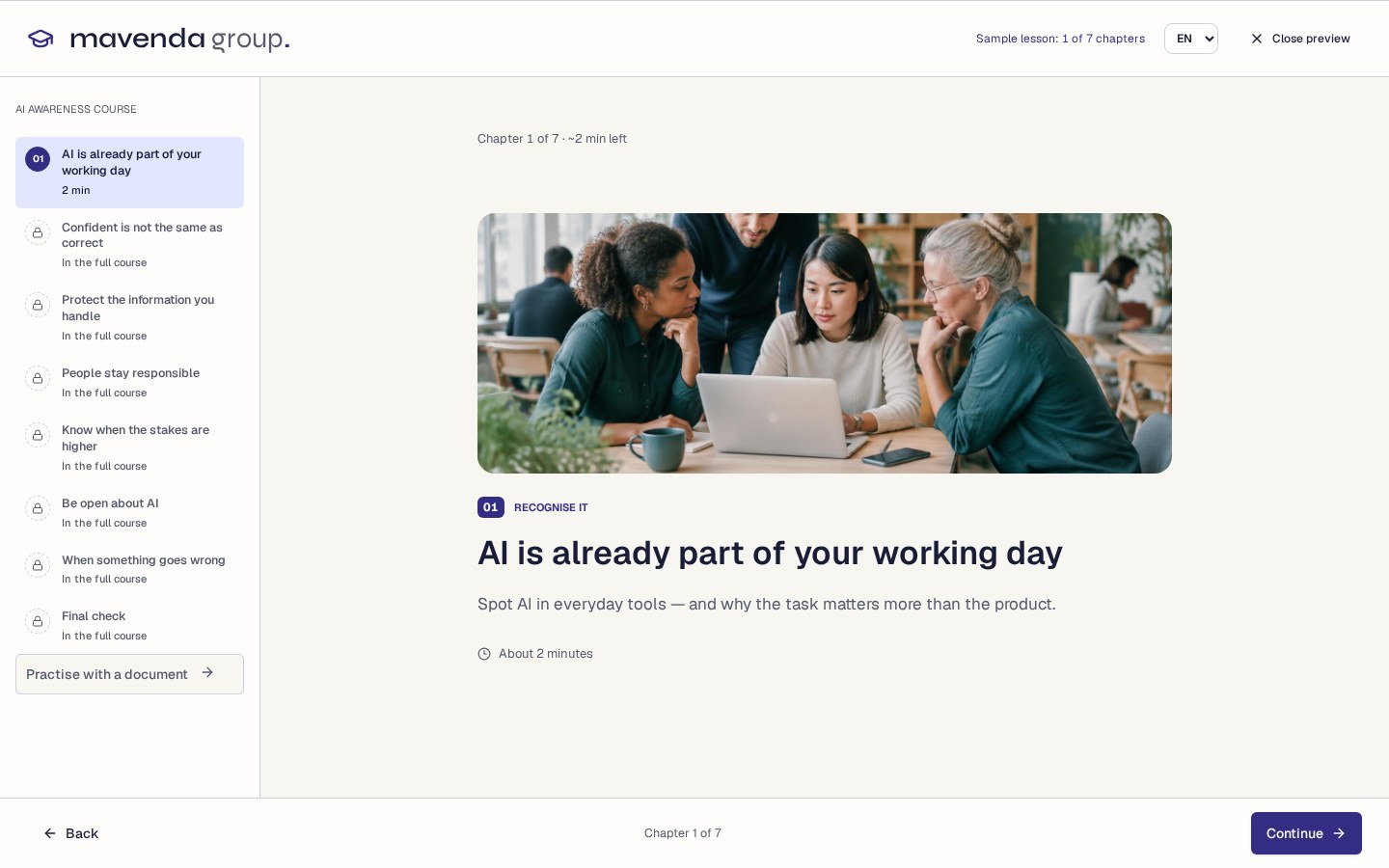 The AI Awareness Course start screen with seven chapters
