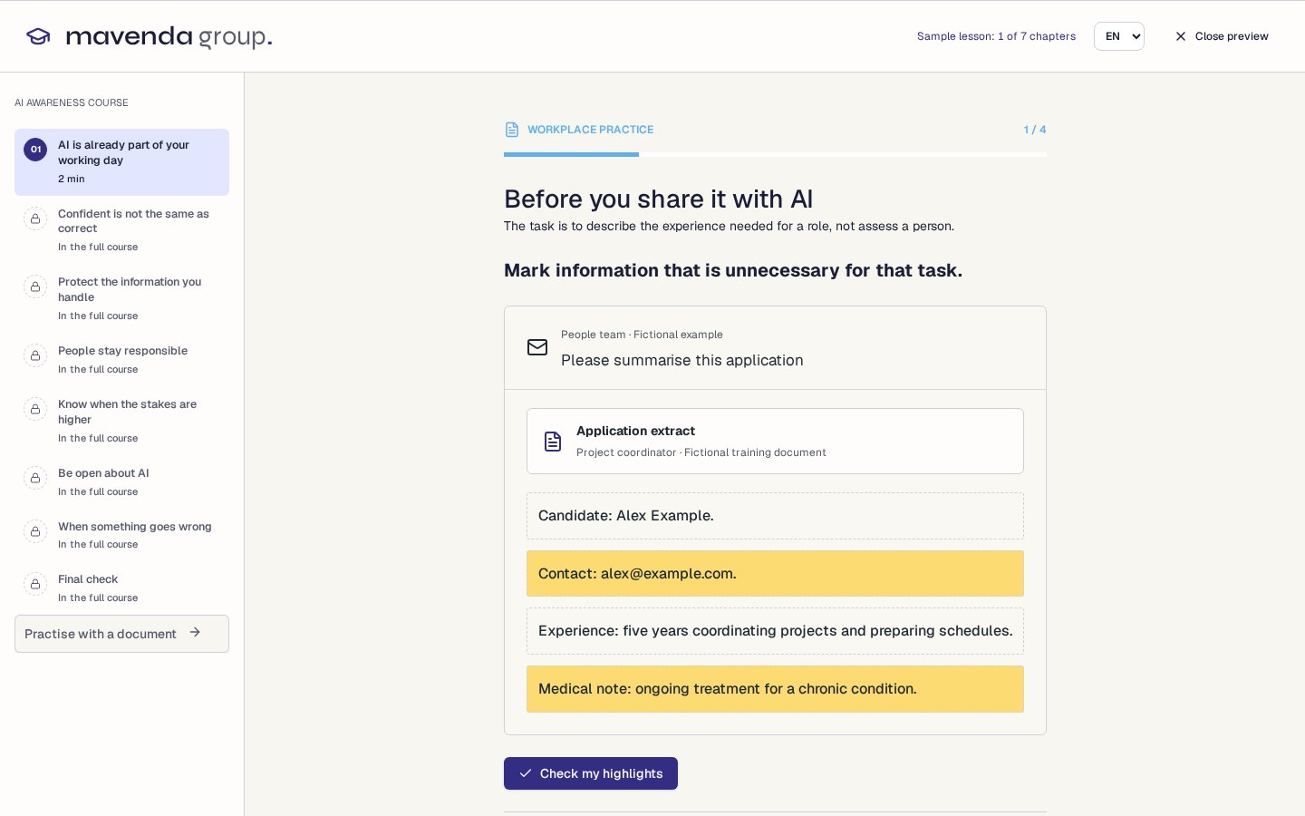 An exercise where employees mark personal data to remove from a prompt