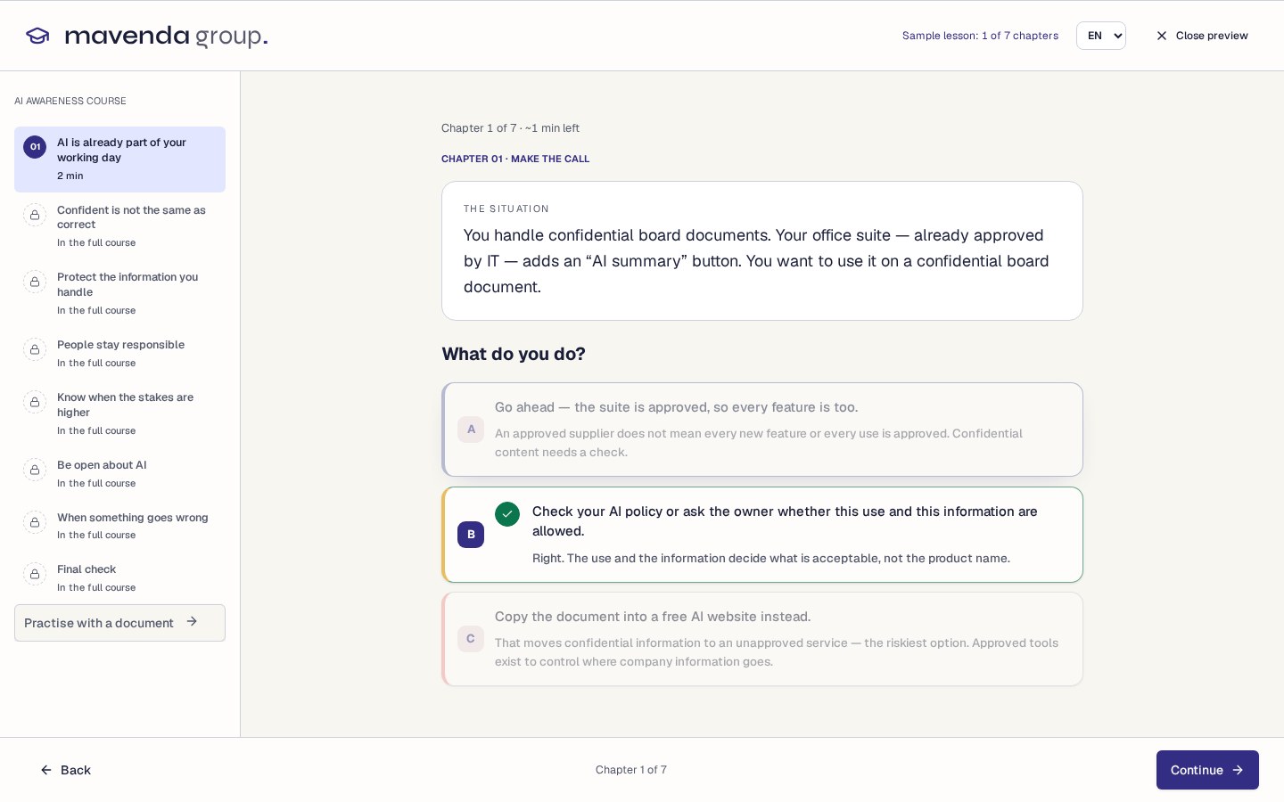 A course scenario with feedback on each choice