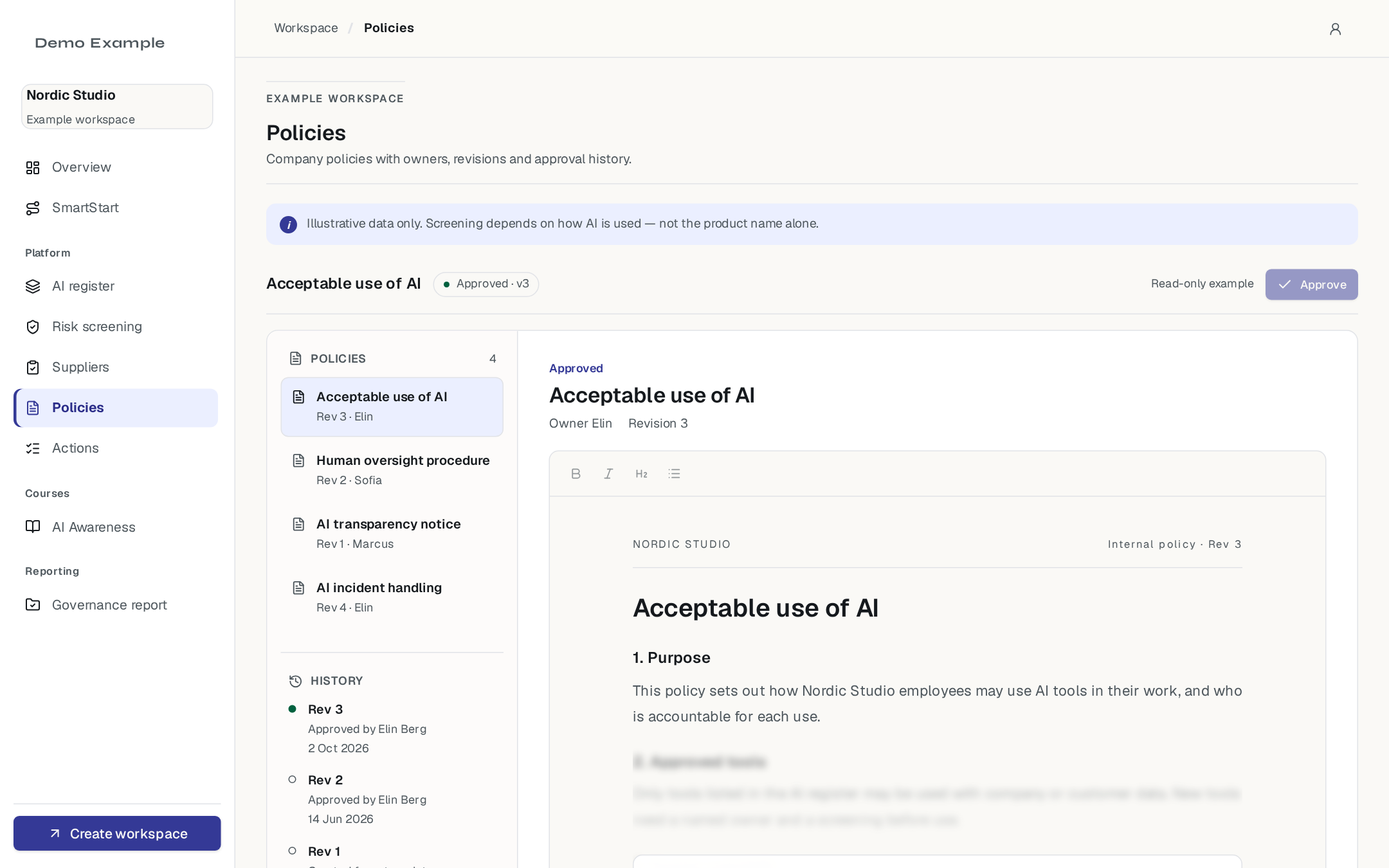 Policy Studio showing the acceptable use policy with revision history and approval