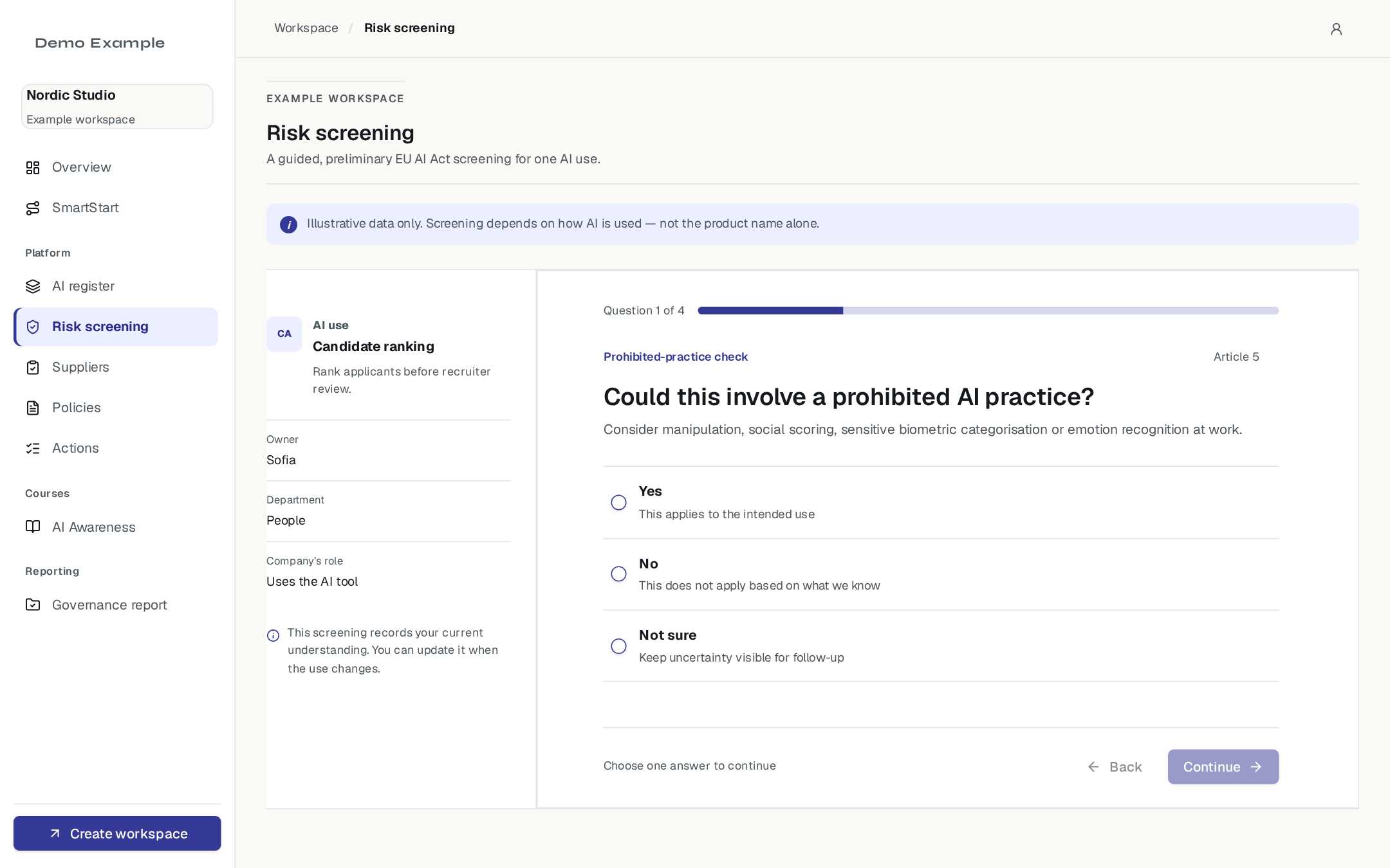 Guided risk screening asking whether a use could involve a prohibited AI practice
